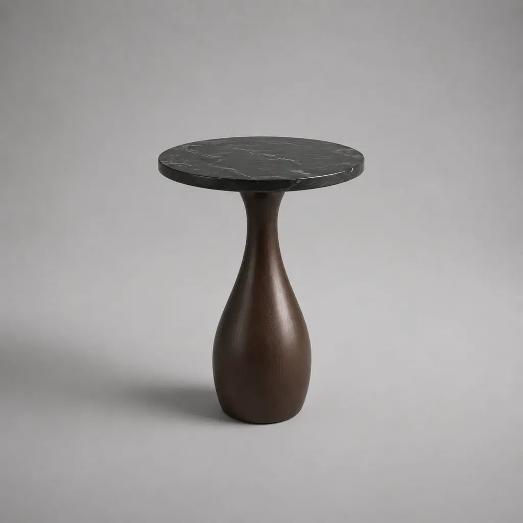 Tavolino laterale rotondo in marmo nero e legno massello marrone, Ø45 × H55 cm