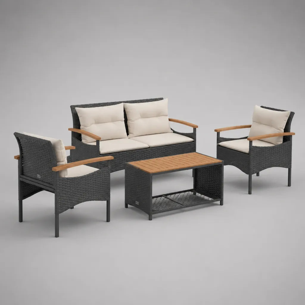 Set da giardino 4 pezzi in rattan PE nero con cuscini beige, divano 112 × 63 × 78 cm, poltrone 59 × 63 × 78 cm e tavolino 90 × 50 × 45 cm