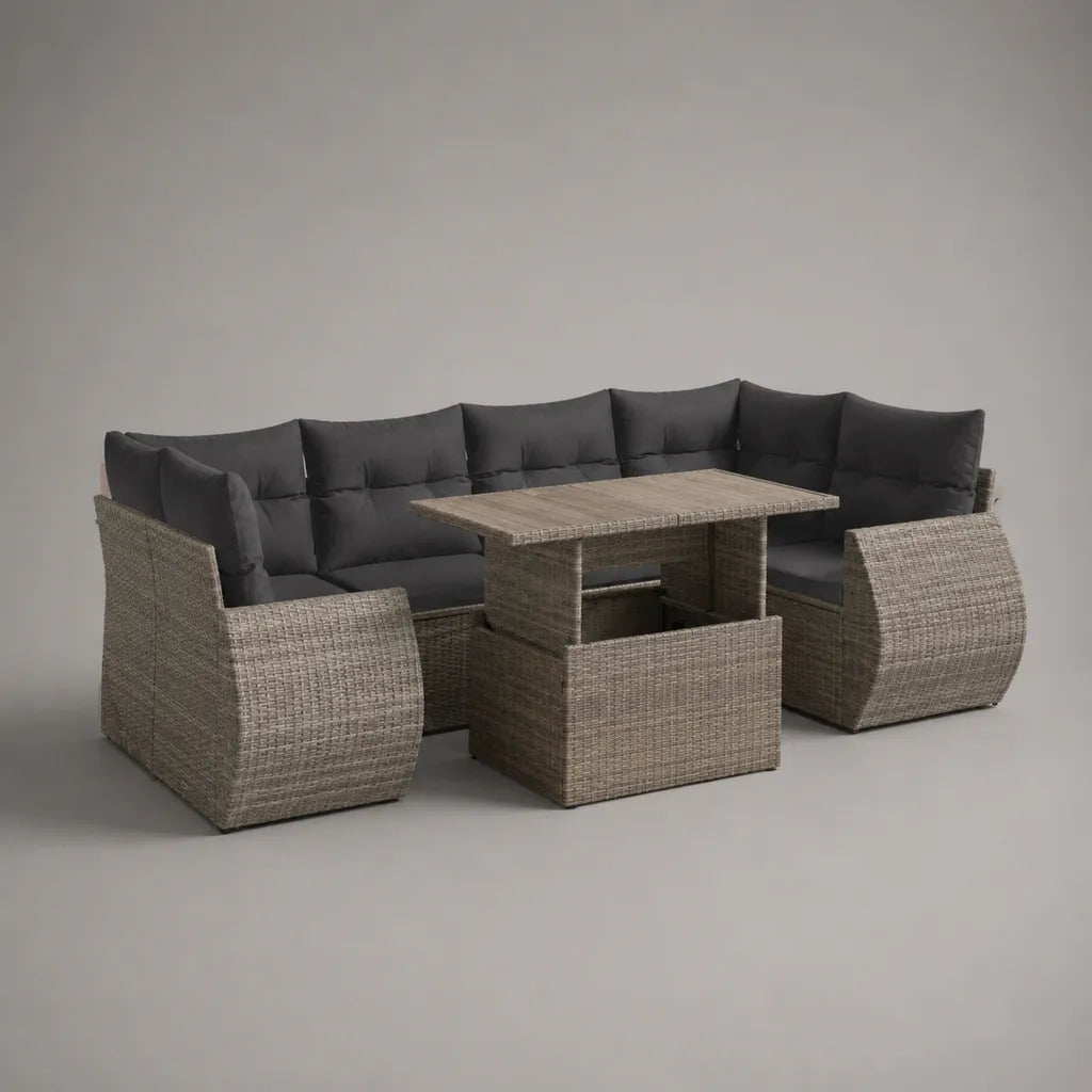 Set da giardino a 9 posti in rattan sintetico grigio con cuscini antracite, divano angolare 242 x 242 x 83 cm e tavolo regolabile 140 x 74 x 48-68 cm