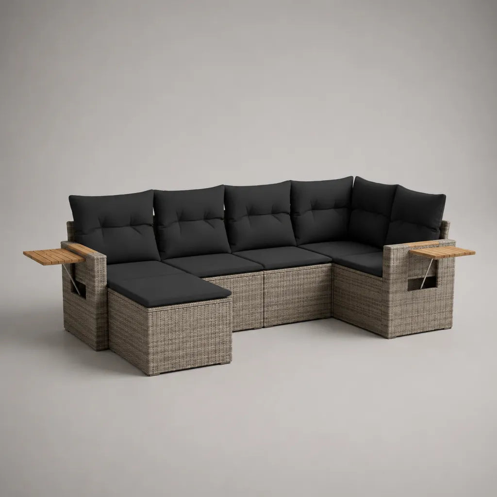 Divano da giardino a U a 5 posti in polyrattan PE grigio con cuscini neri e 2 tavolini ribaltabili, 285 × 180 × 85 cm