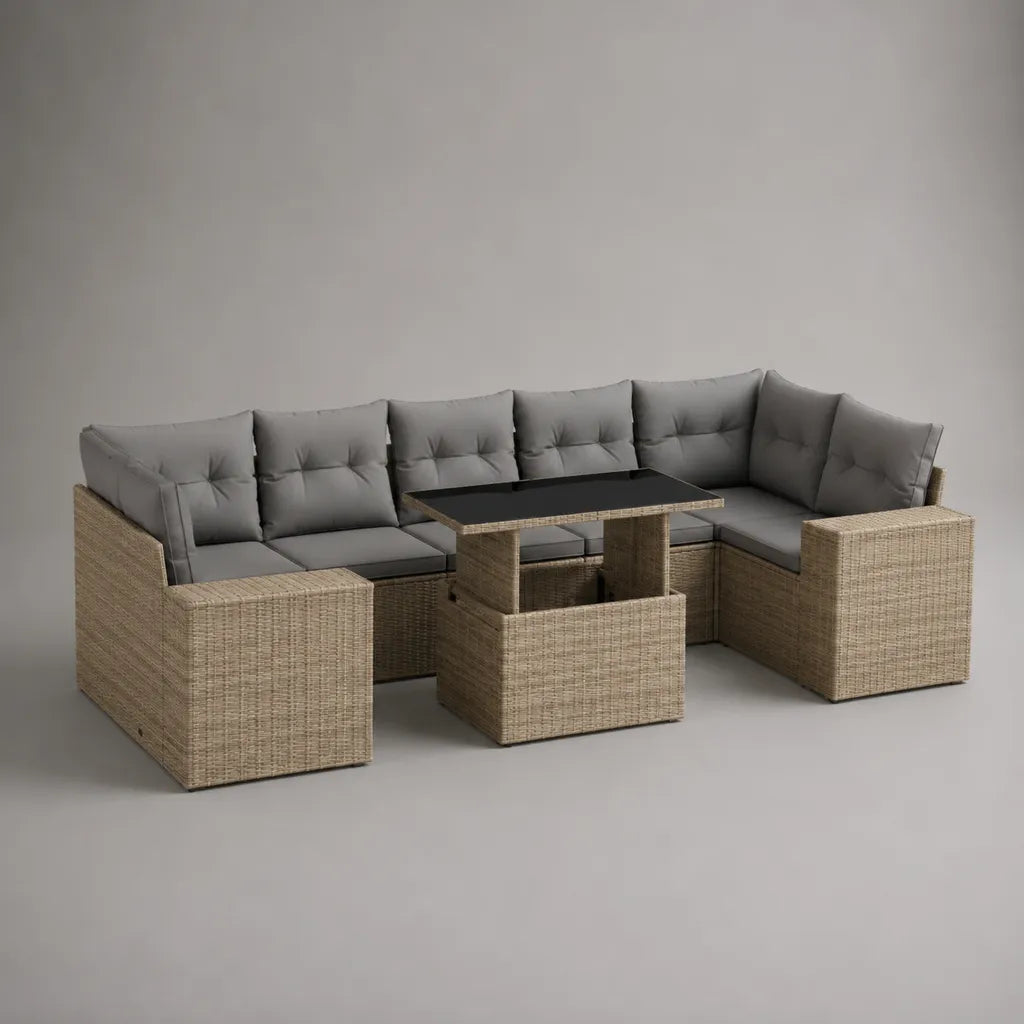Set divano angolare da esterno a U a 6 posti in rattan PE beige con cuscini grigi e tavolo, 250 x 200 x 75 cm