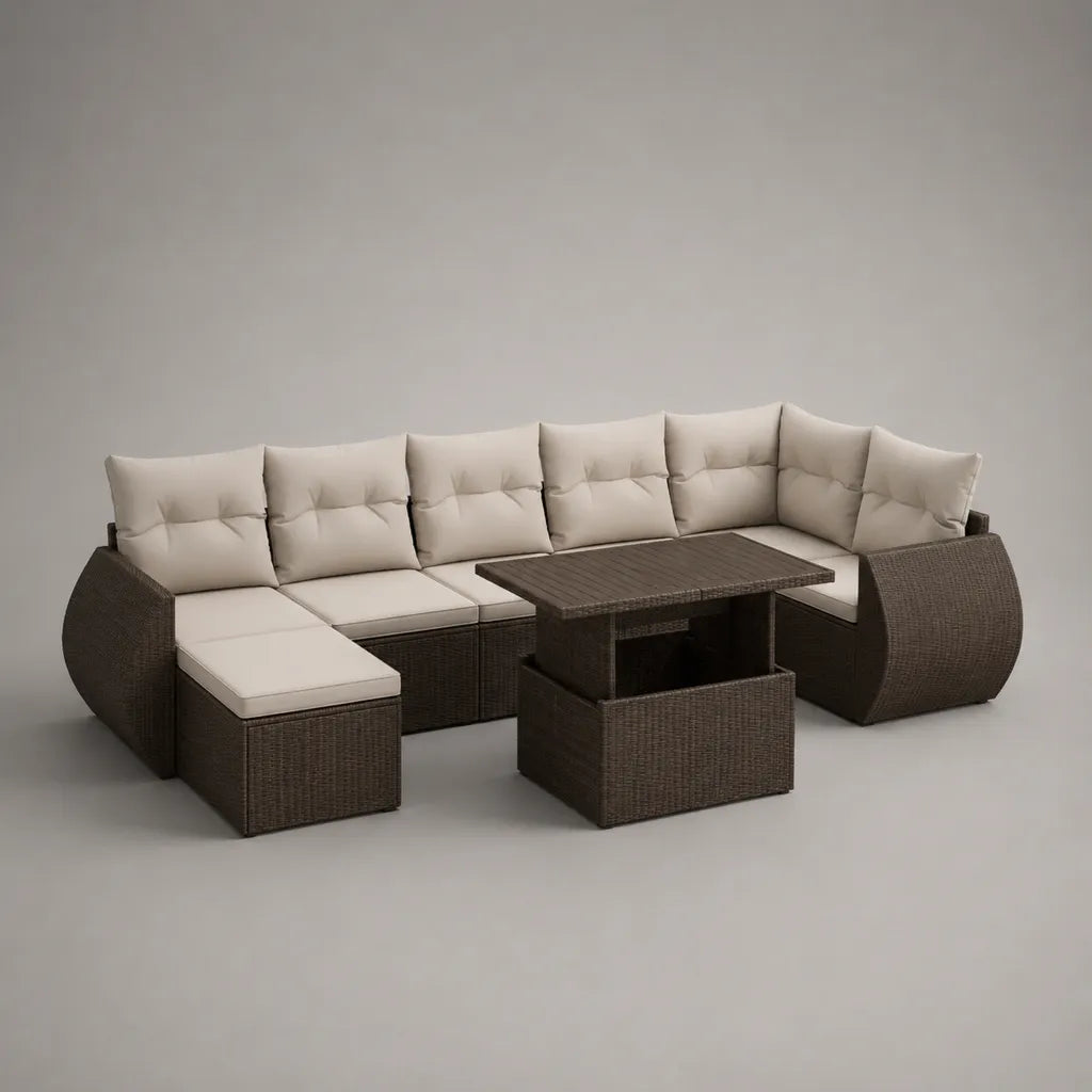 Set divano angolare modulare da esterno 9 pezzi in rattan PE marrone con cuscini beige e tavolo regolabile, 300 x 230 x 75 cm