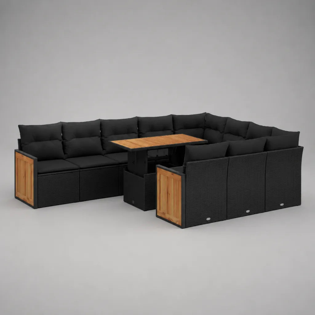 Set divano modulare da esterno a 9 posti in polyrattan nero e legno con cuscini e tavolo, 260 x 200 x 74 cm