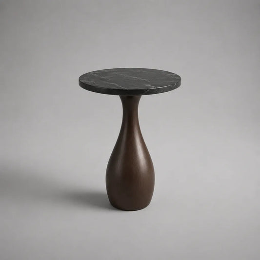 Tavolino laterale rotondo in marmo nero e legno massello marrone, Ø45 × H55 cm
