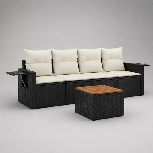 Set da giardino con divano 4 posti e tavolino contenitore, rattan PE nero, legno e cuscini crema, divano 260 x 80 x 85 cm