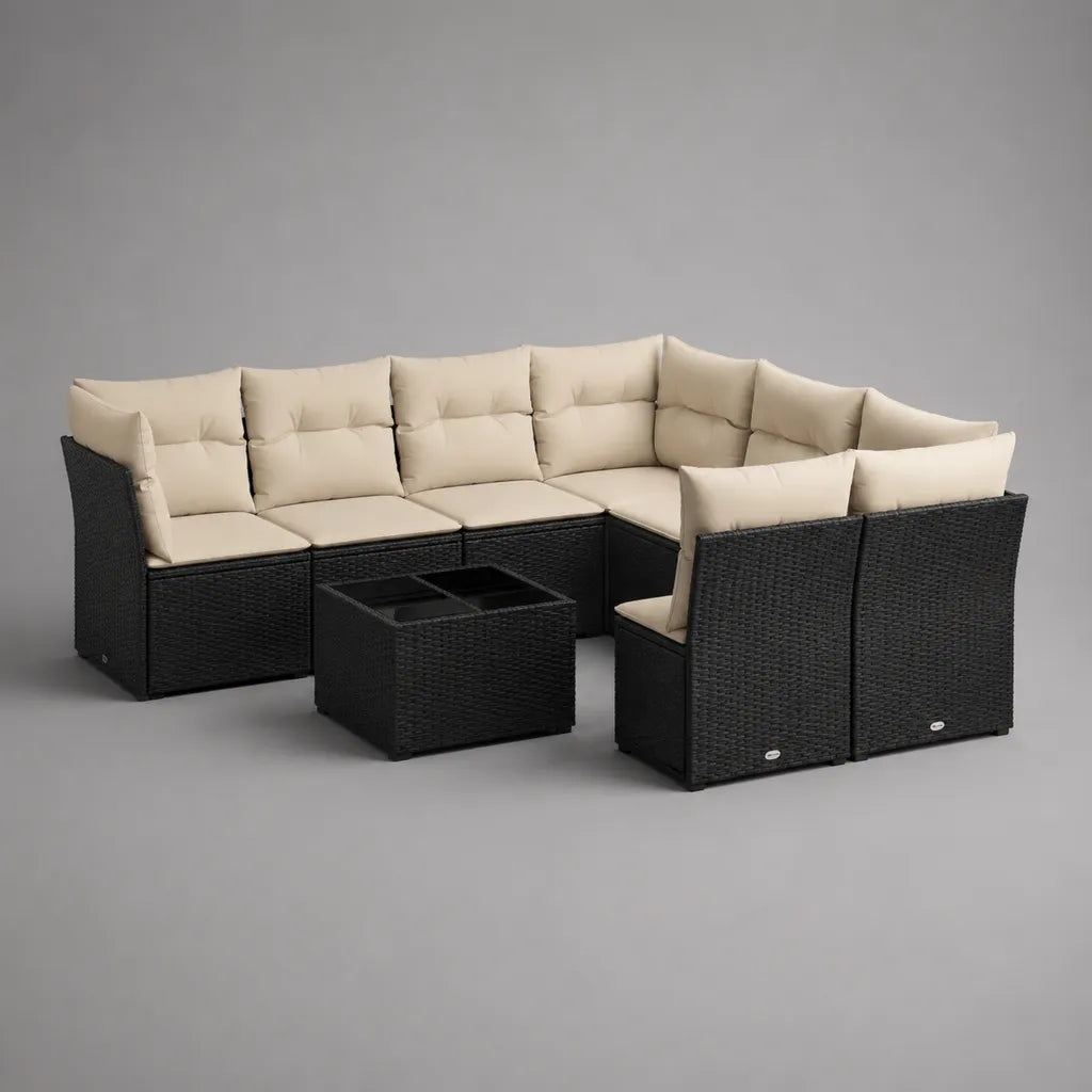 Set divano modulare da giardino 9 pezzi, 8 posti, in polyrattan e metallo nero con cuscini beige, 245 × 190 × 74 cm