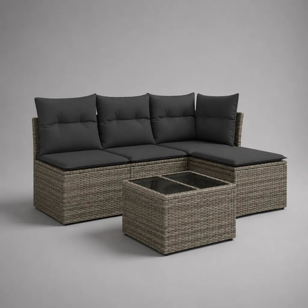 Set da giardino angolare 3 pezzi in rattan PE tortora con cuscini antracite, divano 195 x 126 x 74 cm e tavolino 65 x 65 x 33 cm