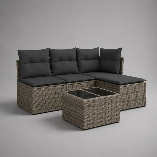 Set da giardino angolare 3 pezzi in rattan PE tortora con cuscini antracite, divano 195 x 126 x 74 cm e tavolino 65 x 65 x 33 cm