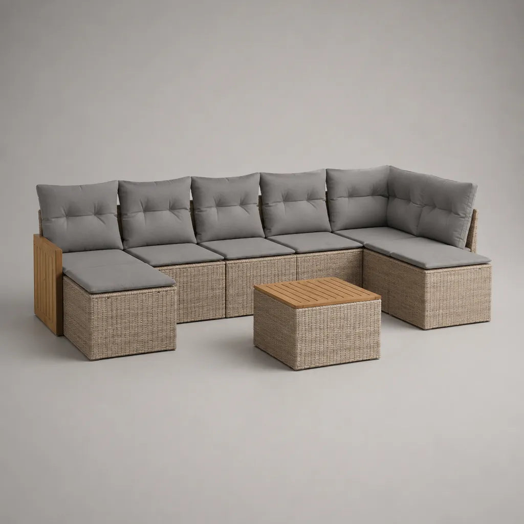 Set divano da giardino a U 7 pezzi in polyrattan PE beige con cuscini grigi e tavolino in legno, 300 x 220 x 73 cm