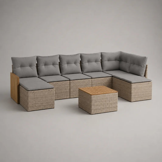 Set divano da giardino a U 7 pezzi in polyrattan PE beige con cuscini grigi e tavolino in legno, 300 x 220 x 73 cm