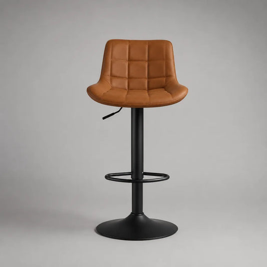 Sgabello da bar girevole regolabile in pelle PU e acciaio, marrone cognac e nero, 48 × 50 × 84-105 cm
