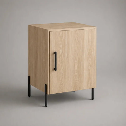 Comodino con anta in pannello truciolare melaminico effetto rovere e gambe in acciaio nero, 40 × 35 × 60 cm