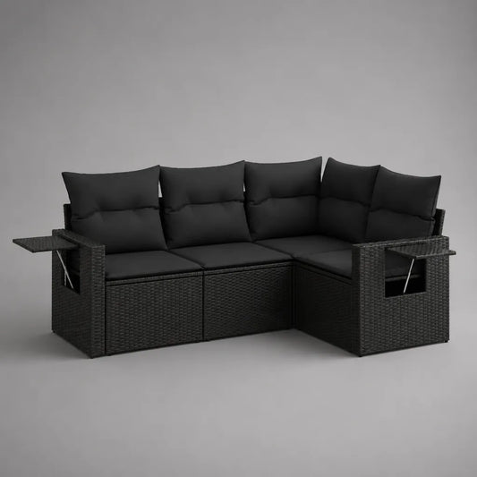 Set divano angolare da giardino a 3 posti in rattan PE nero con cuscini e contenitori, 228 x 172 x 82 cm