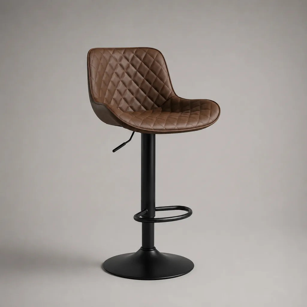 Sgabello da bar girevole regolabile in pelle sintetica marrone e metallo nero, 52 x 49 x 86-107 cm