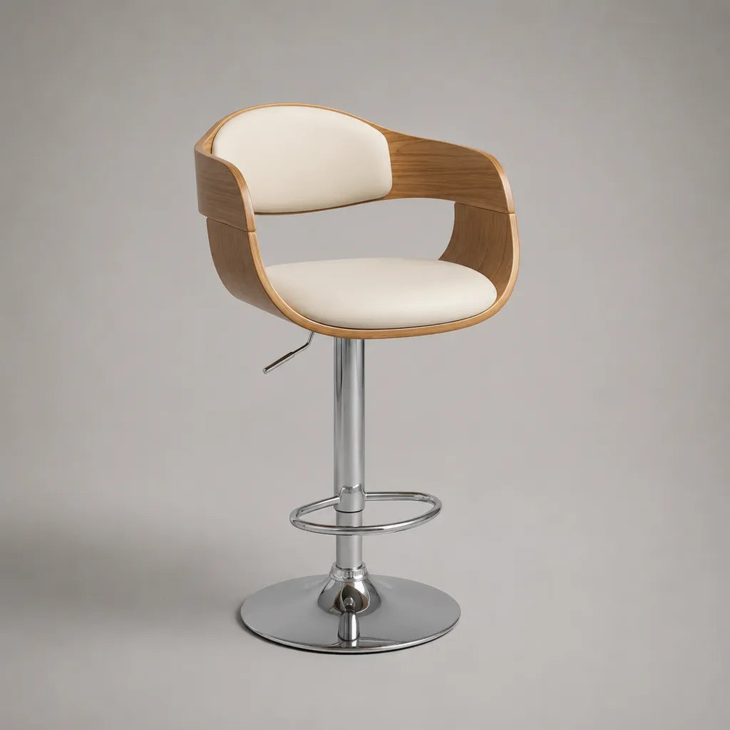 Sgabello da bar girevole regolabile in legno, metallo e similpelle, noce, crema e argento cromato, 55 × 52 × 88-109 cm