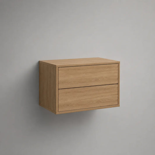 Comodino sospeso rettangolare con 2 cassetti in MDF impiallacciato rovere naturale, 60 × 40 × 40 cm