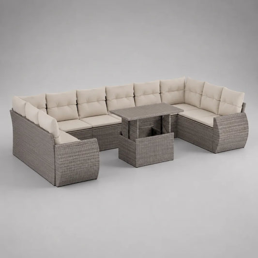 Set divano da giardino a U in polyrattan grigio con cuscini beige, tavolo e 2 sgabelli, 310 x 230 x 80 cm