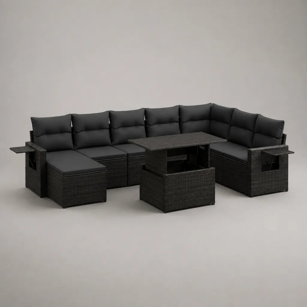 Set da giardino 9 pezzi in polyrattan nero con cuscini antracite, 257 × 193 × 74 cm, tavolo elevabile 110 × 60 cm