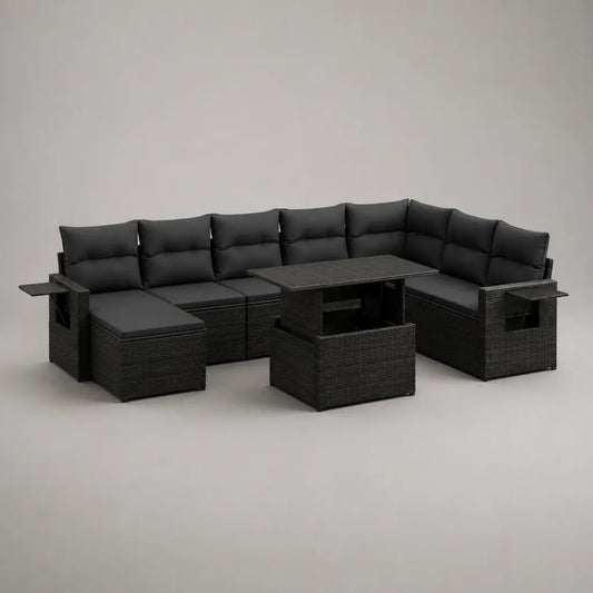 Set da giardino 9 pezzi in polyrattan nero con cuscini antracite, 257 × 193 × 74 cm, tavolo elevabile 110 × 60 cm