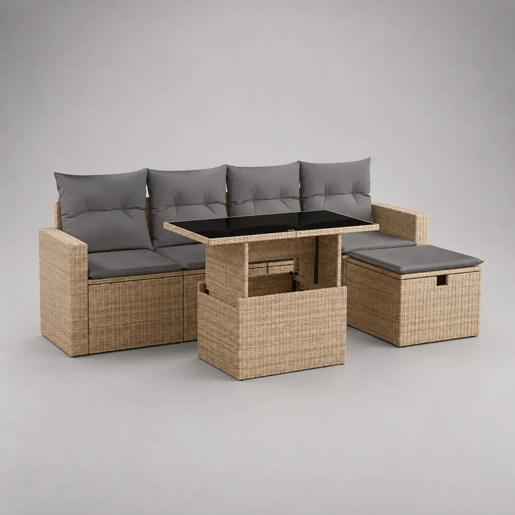Salotto da esterno a 4 posti in rattan PE con divano, pouf contenitore e tavolo rialzabile, beige, grigio e nero, 193 x 172 x 88 cm