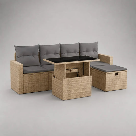 Salotto da esterno a 4 posti in rattan PE con divano, pouf contenitore e tavolo rialzabile, beige, grigio e nero, 193 x 172 x 88 cm