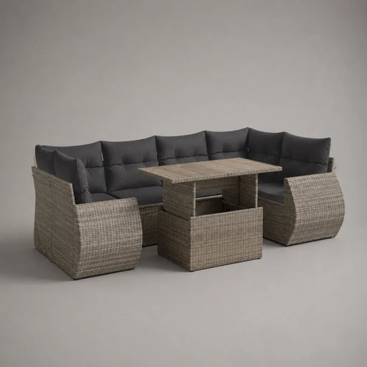 Set da giardino a 9 posti in rattan sintetico grigio con cuscini antracite, divano angolare 242 x 242 x 83 cm e tavolo regolabile 140 x 74 x 48-68 cm