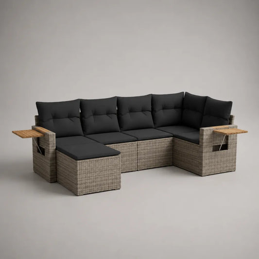Divano da giardino a U a 5 posti in polyrattan PE grigio con cuscini neri e 2 tavolini ribaltabili, 285 × 180 × 85 cm