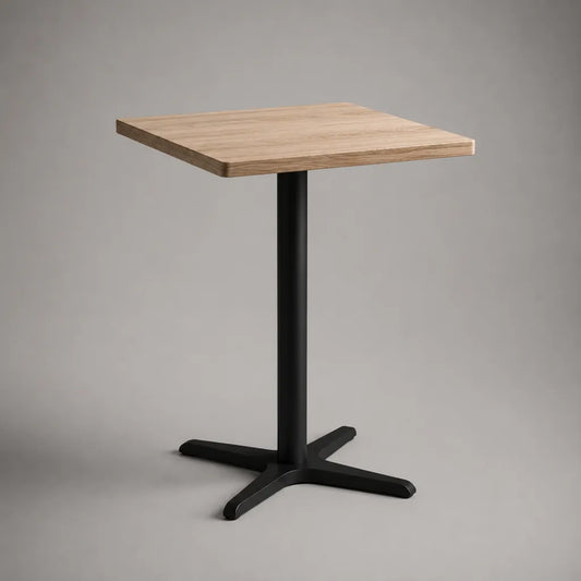 Tavolo alto da bar quadrato in MDF effetto rovere con base in acciaio nero, 60 × 60 × 105 cm