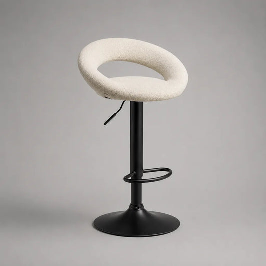 Sgabello da bar girevole regolabile in acciaio e tessuto bouclé, bianco crema e nero, 50 × 49 × 84-105 cm