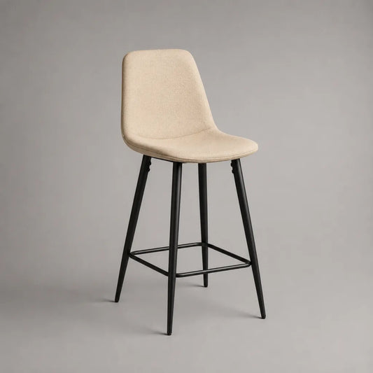 Sgabello alto imbottito con schienale in tessuto e struttura in acciaio, beige e nero, 48 x 52 x 110 cm