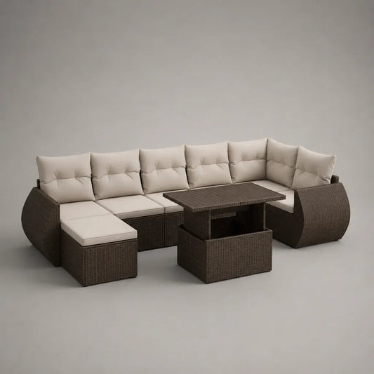 Set divano angolare modulare da esterno 9 pezzi in rattan PE marrone con cuscini beige e tavolo regolabile, 300 x 230 x 75 cm