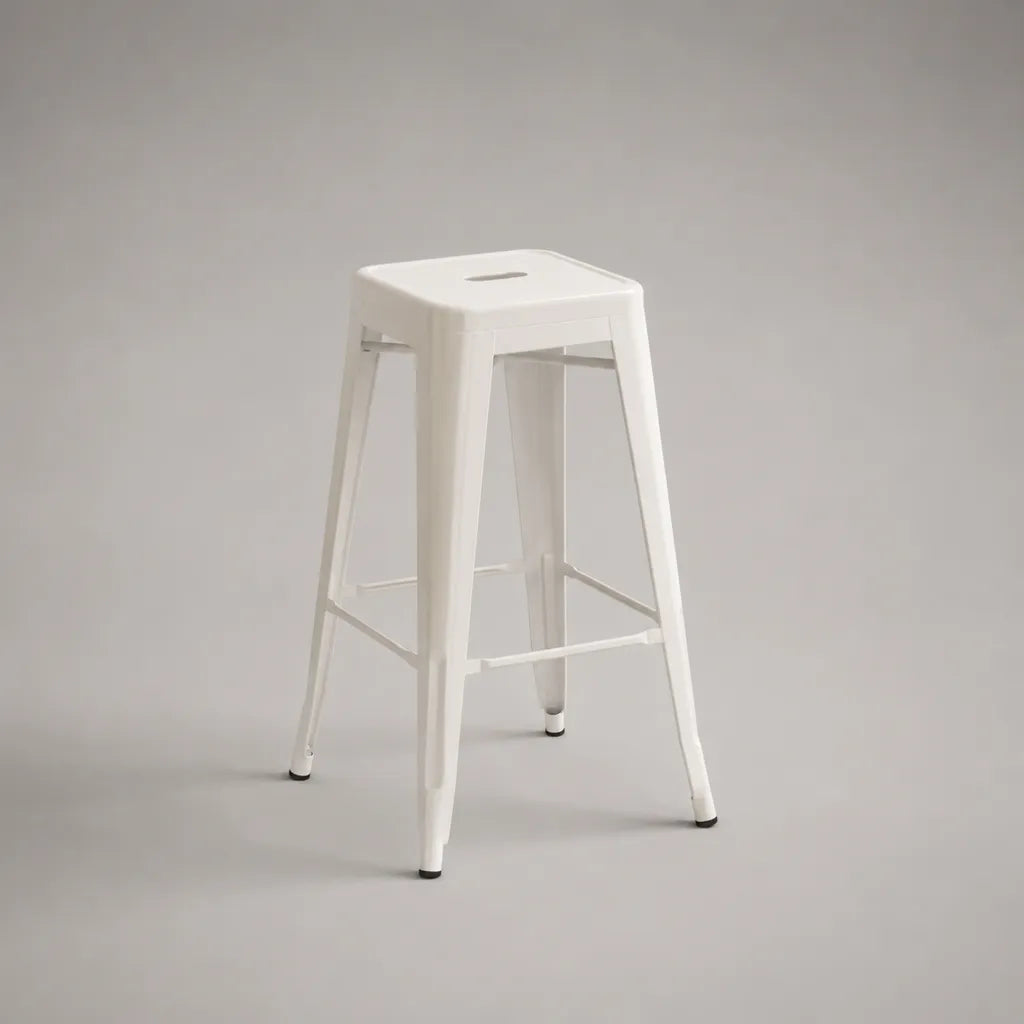 Sgabello alto in acciaio bianco con seduta quadrata e poggiapiedi, 43 × 43 × 76 cm