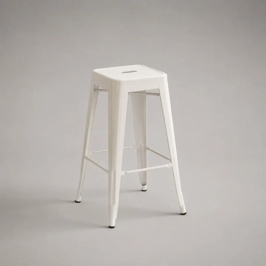 Sgabello alto in acciaio bianco con seduta quadrata e poggiapiedi, 43 × 43 × 76 cm