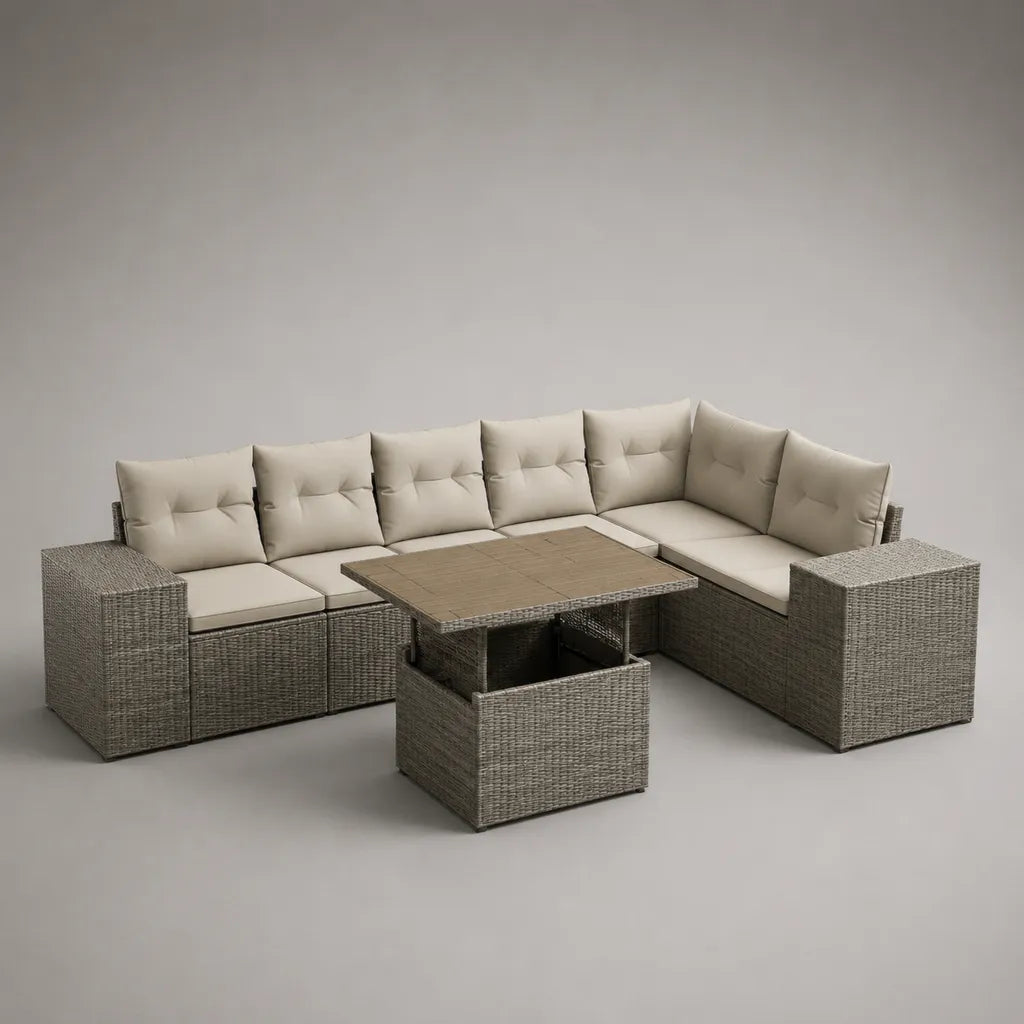 Set divano angolare da giardino 7 posti in rattan PE grigio talpa con tavolo e 2 pouf, 257 x 193 x 73 cm