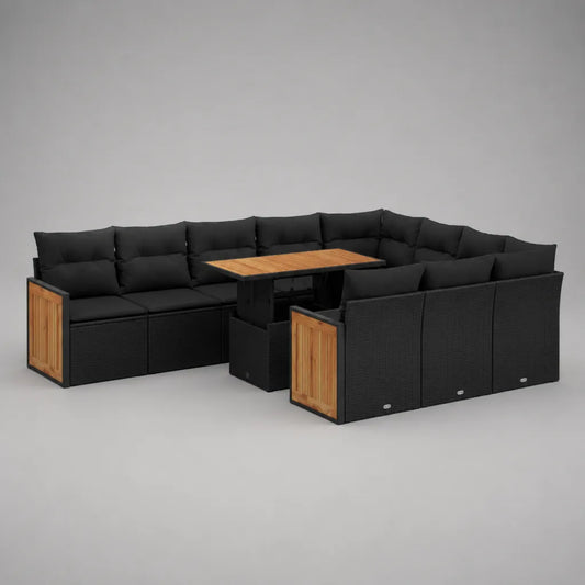 Set divano modulare da esterno a 9 posti in polyrattan nero e legno con cuscini e tavolo, 260 x 200 x 74 cm