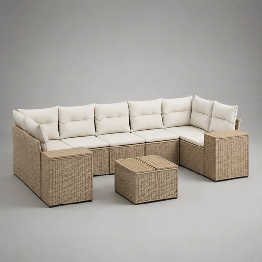 Set divano da giardino a forma di U a 5 posti in rattan sintetico beige con cuscini crema, 285 x 145 x 73 cm, tavolino in legno 70 x 60 x 40 cm