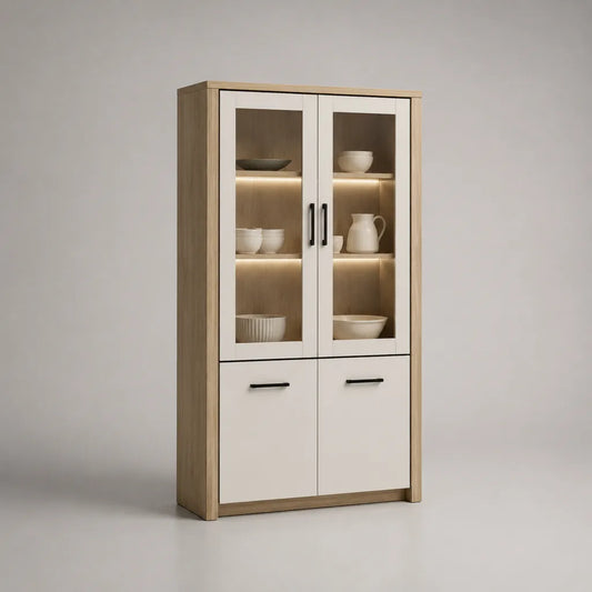 Vetrina rettangolare a 4 ante con illuminazione LED in legno e vetro, rovere chiaro e bianco, 90 × 40 × 180 cm