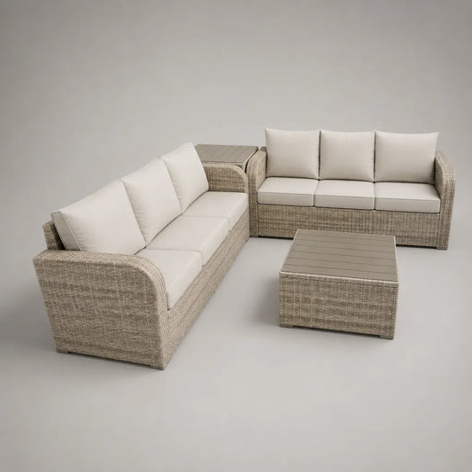 Set da giardino 4 pezzi per 6 persone in rattan PE beige con cuscini avorio, divani 190 x 78 x 78 cm e tavolini 90 x 60 x 42 cm e 50 x 50 x 55 cm