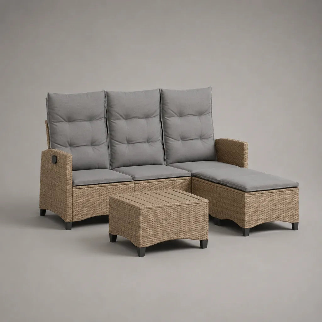 Salotto da giardino 3 pezzi in rattan PE beige con penisola destra, tavolino e cuscini grigi, 184 x 126 x 82 cm